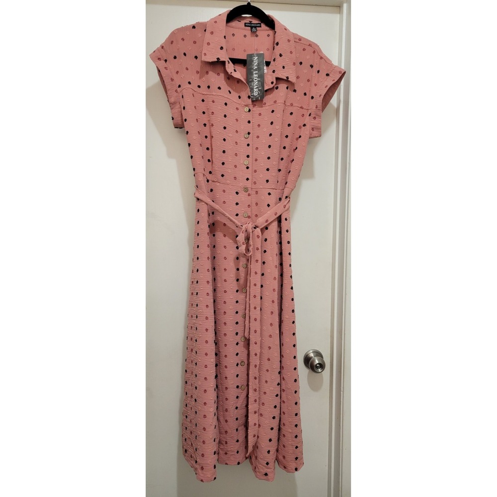 Women Pink Coral Eyelet Midi Full Button Down Shirt Dress Lagenlook Cabin Retro